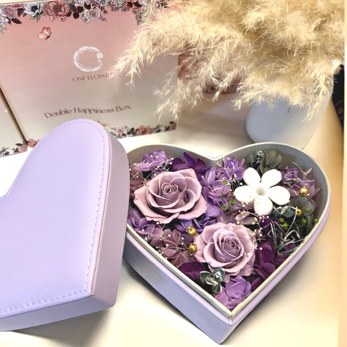 Double Happiness Preserved Flower Leather Box Elegant Purple