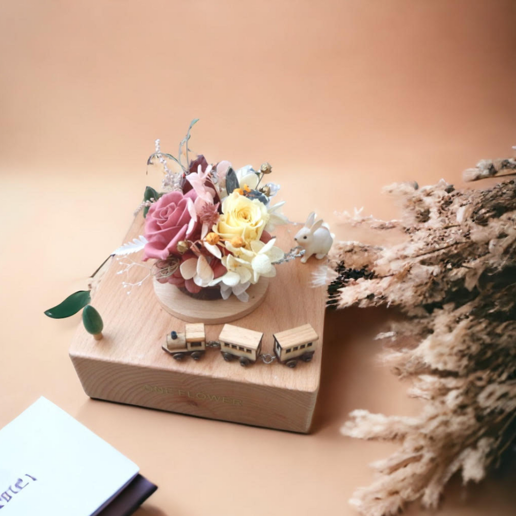 Joyful Train Preserved Flower Music Box Pink Yellow