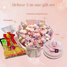 Load image into Gallery viewer, Macau Deluxe Gift Set C 3-in-one Fresh Flower Bouquet +Lotus Cake+Fruit Basket 蓮承美願
